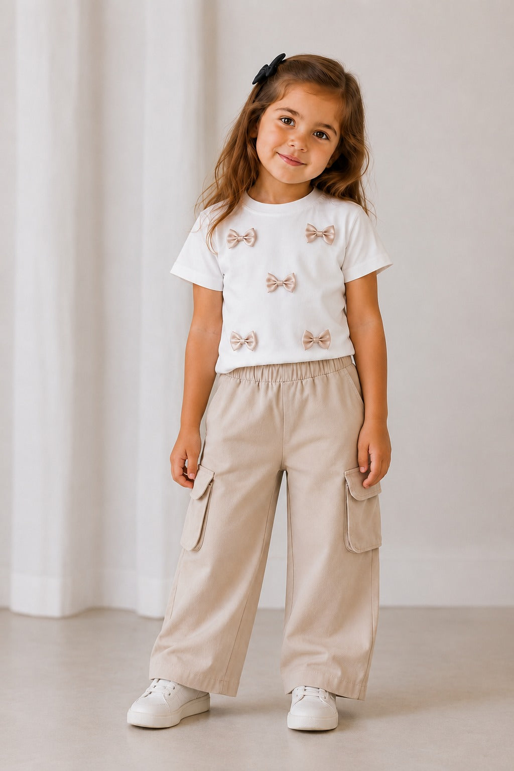 Girls Beige Multi Bow Co-Ord Set [GCS-6F-8715 (4-12 Years)