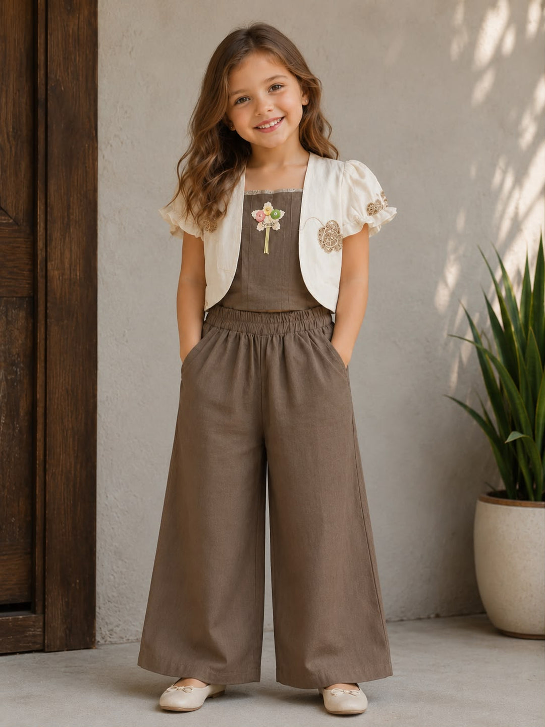 GIRLS EMBROIDED 3 PIECE BROWN CO-ORD SET [GCS-6E-4679] (4-12 Years)
