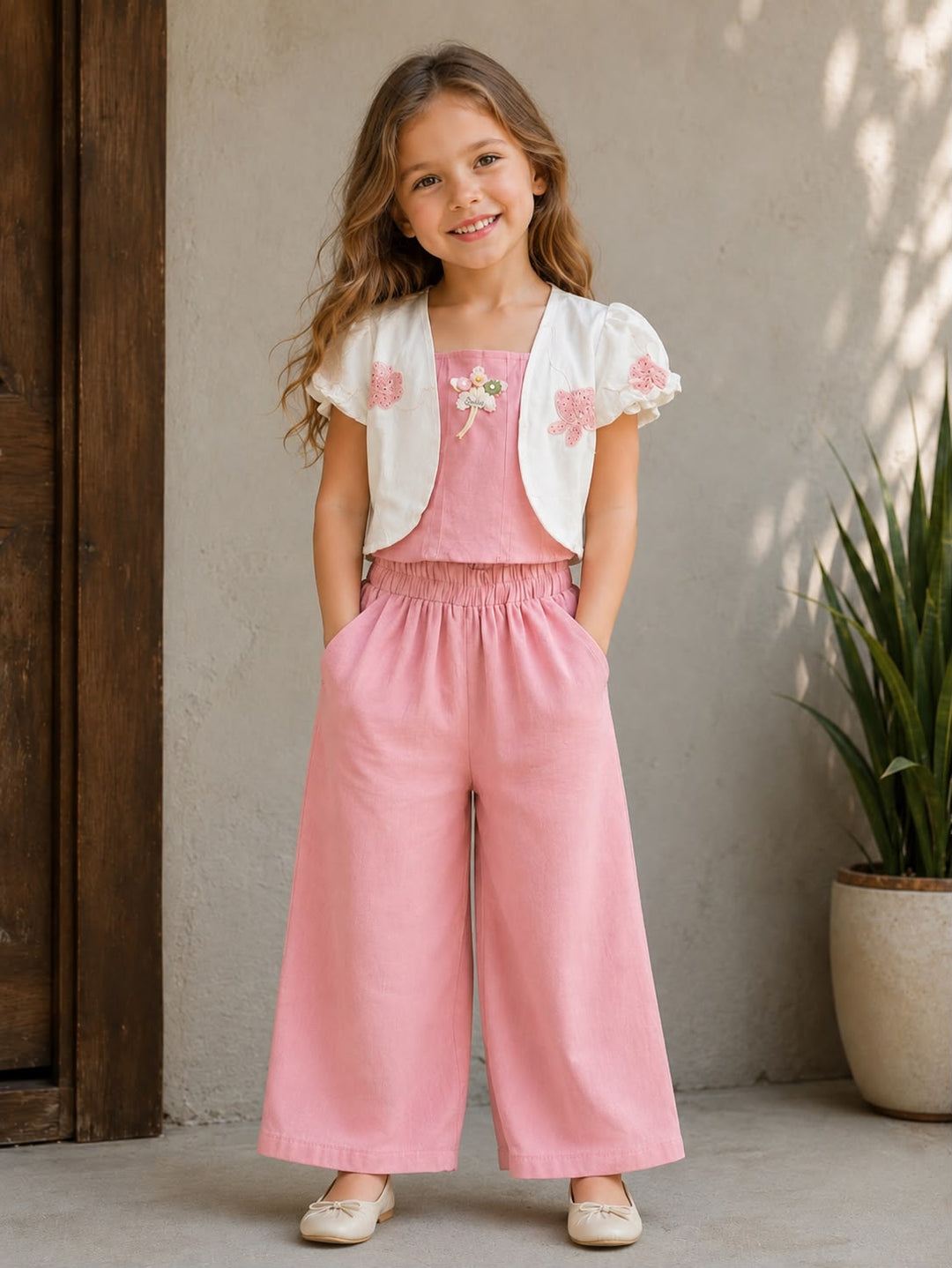GIRLS EMBROIDED 3 PIECE PEACH CO-ORD SET [GCS-5E-3278] (4-12 Years)