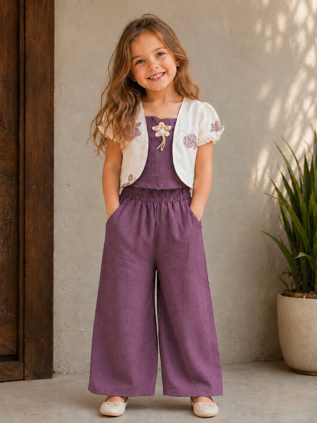 GIRLS EMBROIDED 3 PIECE PURPLE CO-ORD SET [GCS-3E-2346] (4-12 Years)