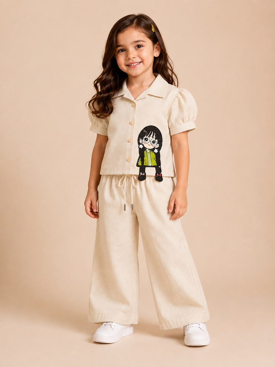 Girls Cream Cartoon Applique Co-Ord Set [GCS-4G-7649] (4-12 Years)