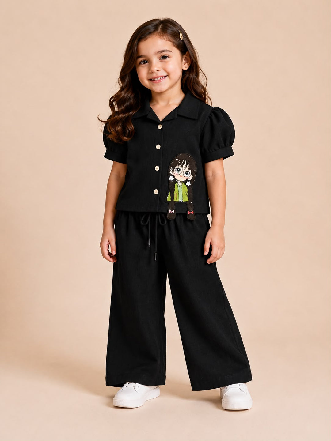 Girls Black Cartoon Applique Co-Ord Set [GCS-1J-9841] (4-12 Years)