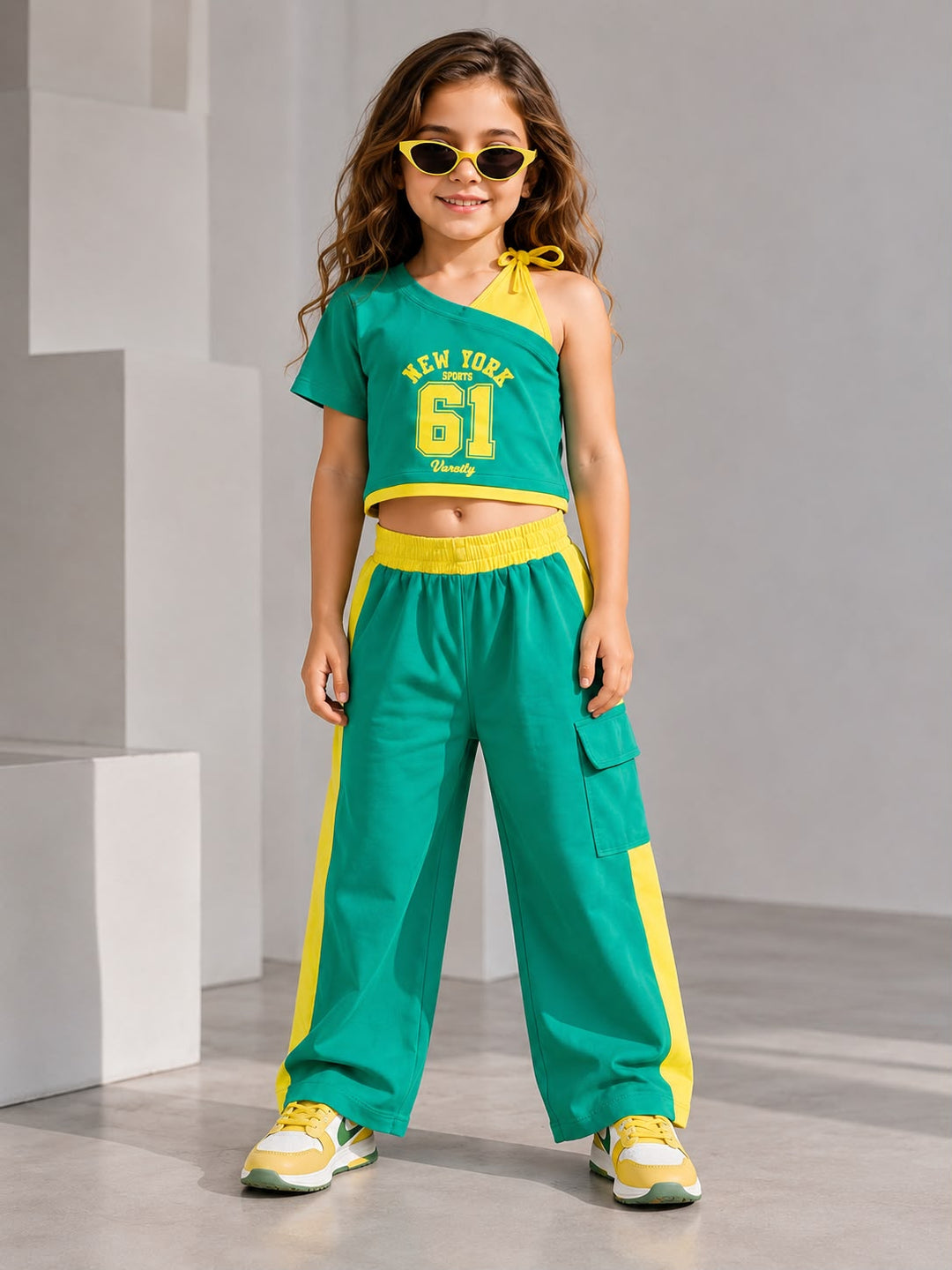 Girls Green Pop Streetwear Co-Ord Set [GCS-1C-7652] (3-11Years)