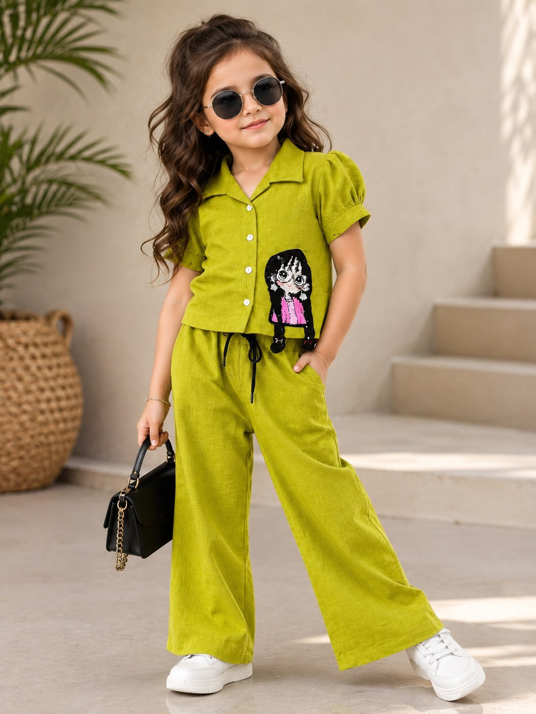 Girls Mustard Yellow Cartoon Applique Co-Ord Set [GCS-4J-6984] (4-12 Years)