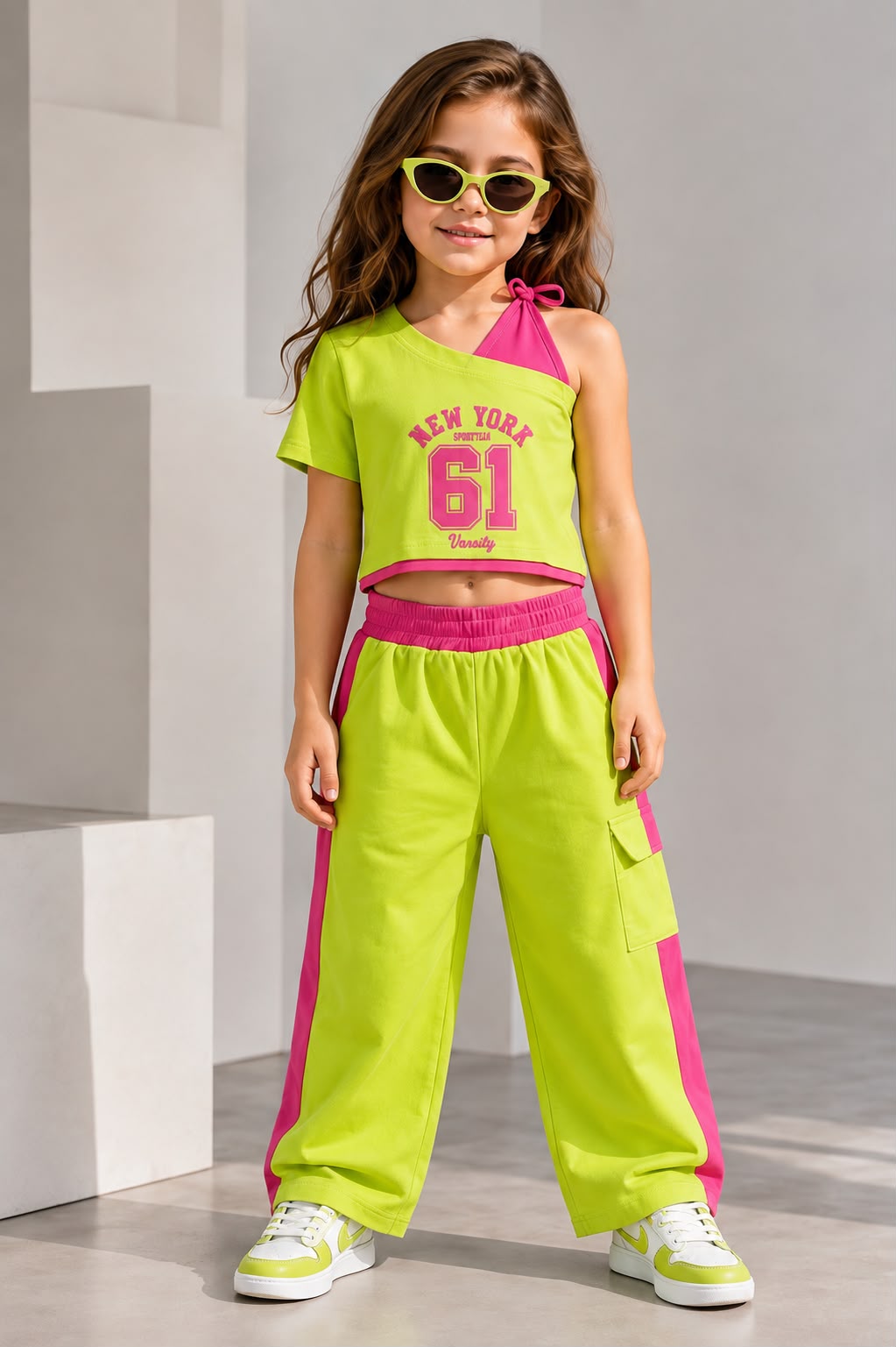 Girls Neon Green Pop Streetwear Co-Ord Set [GCS-1E-3844] (3-11Years)