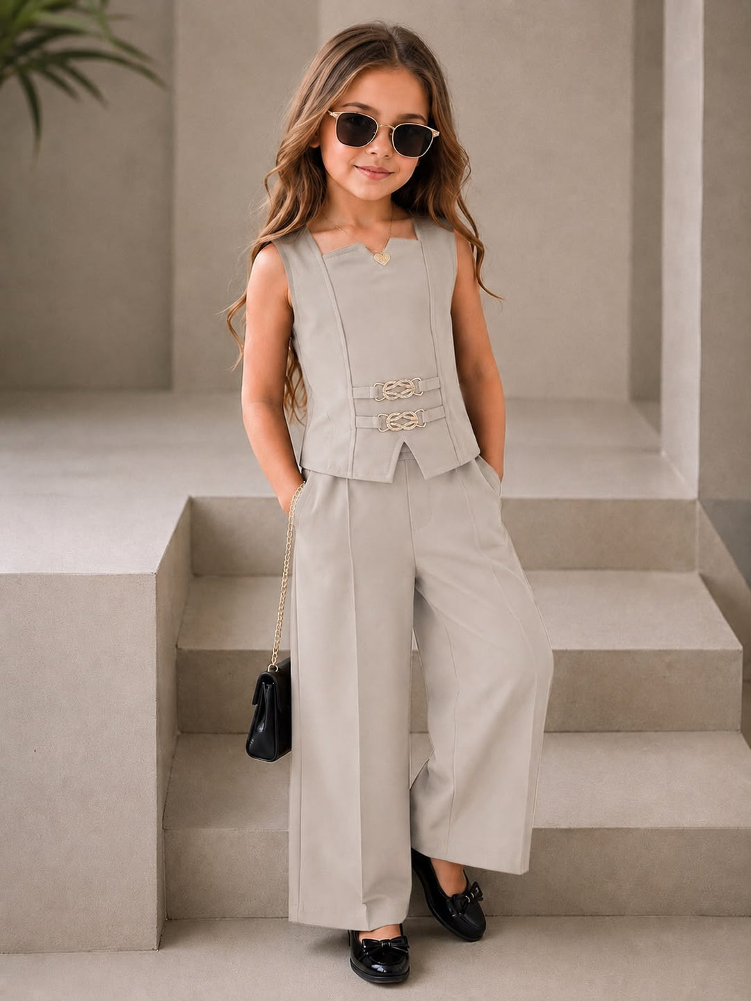 Girls Imported Beige Waist Coat Co-Ord Set [GCS-6F-2120] (4-12Years