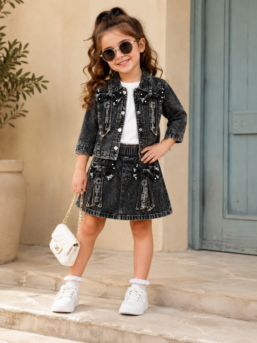 Girls 3 Piece Black Denim Co-Ord Set [GCS-4C-5368] (4-12 Years)