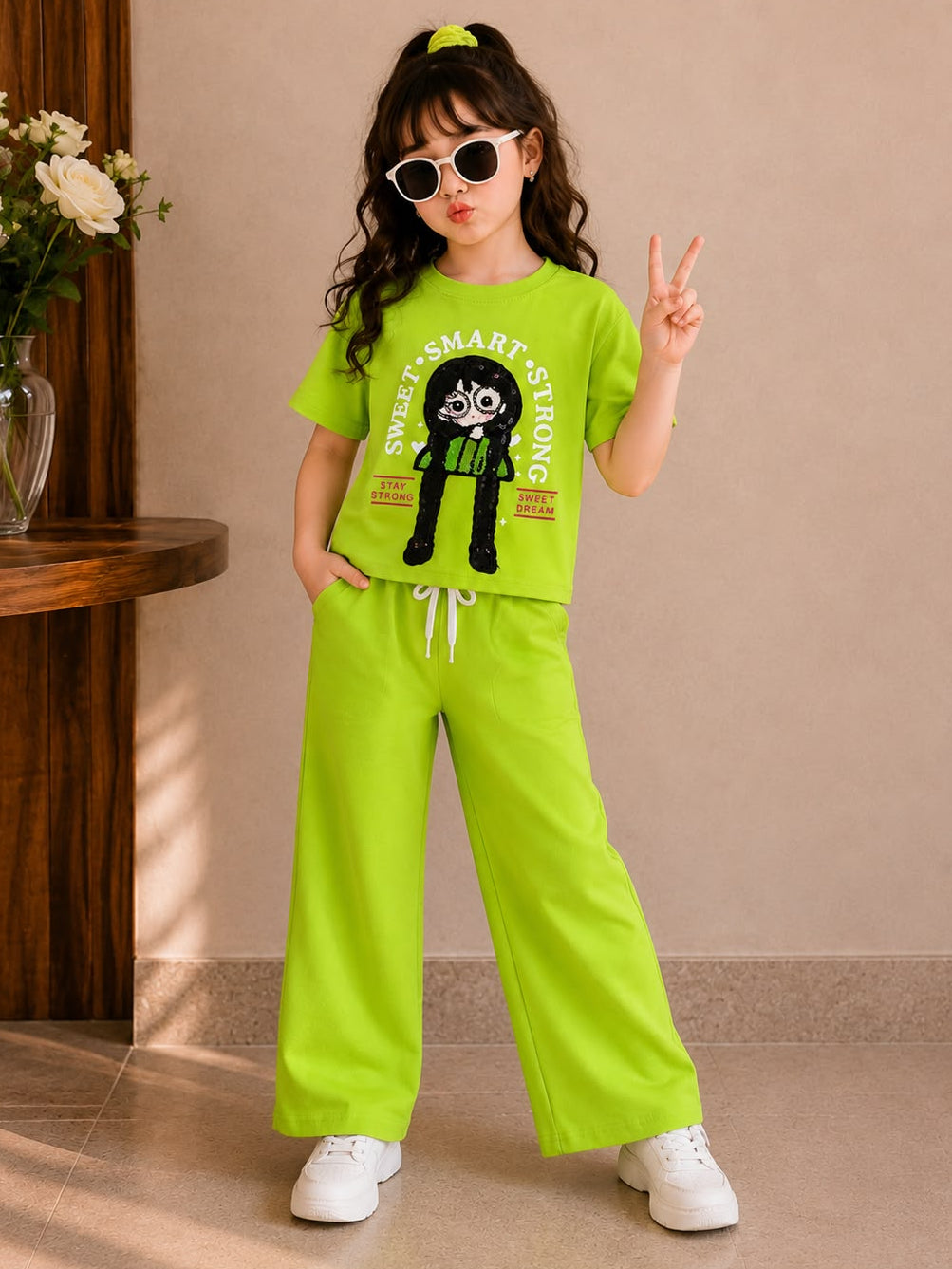 Girls Neon Green Cartoon Applique Co-Ord Set [GCS-1C-1261] (4-12 Years)
