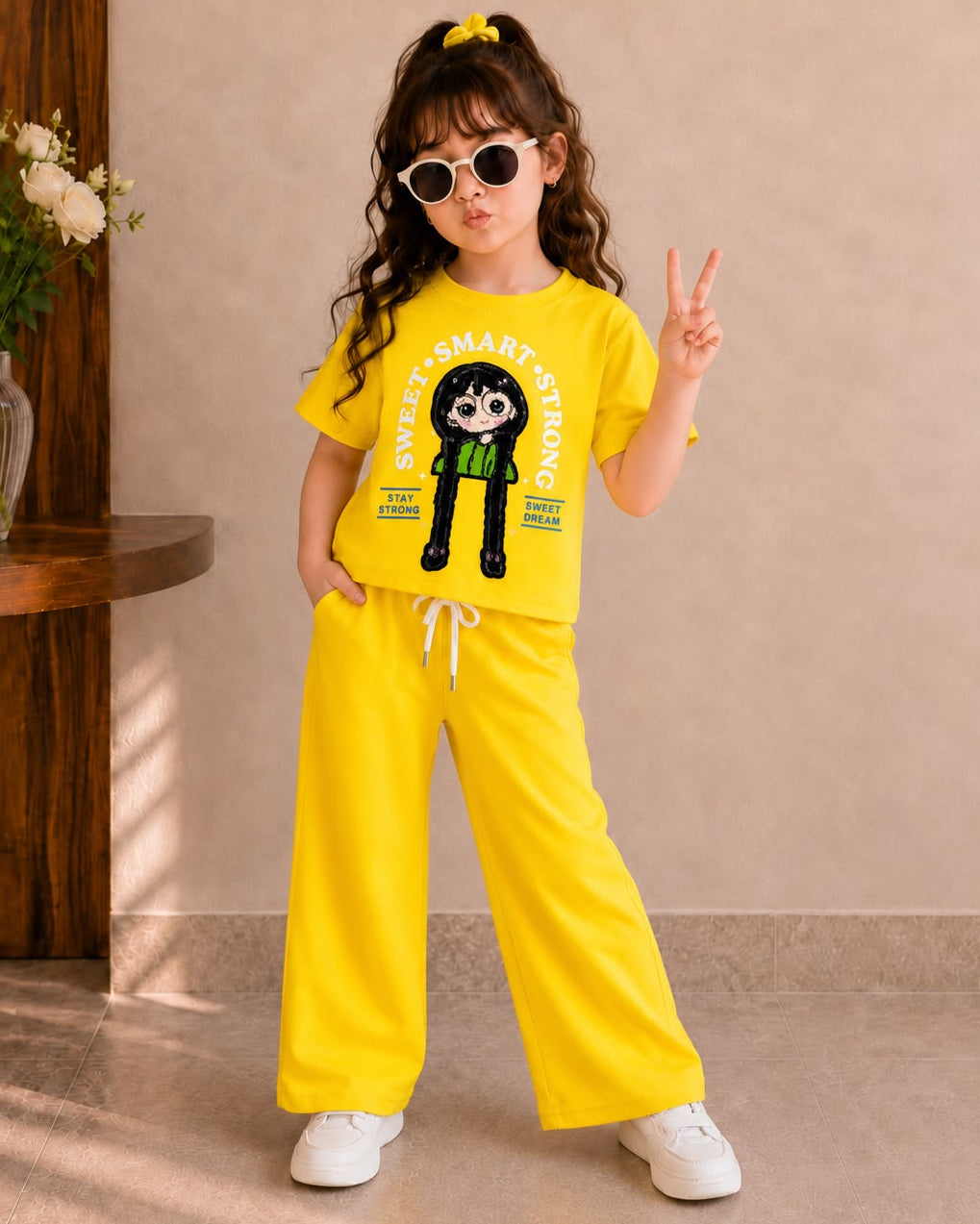 Girls Yellow Cartoon Applique Co-Ord Set [GCS-6C-5154] (4-12 Years)