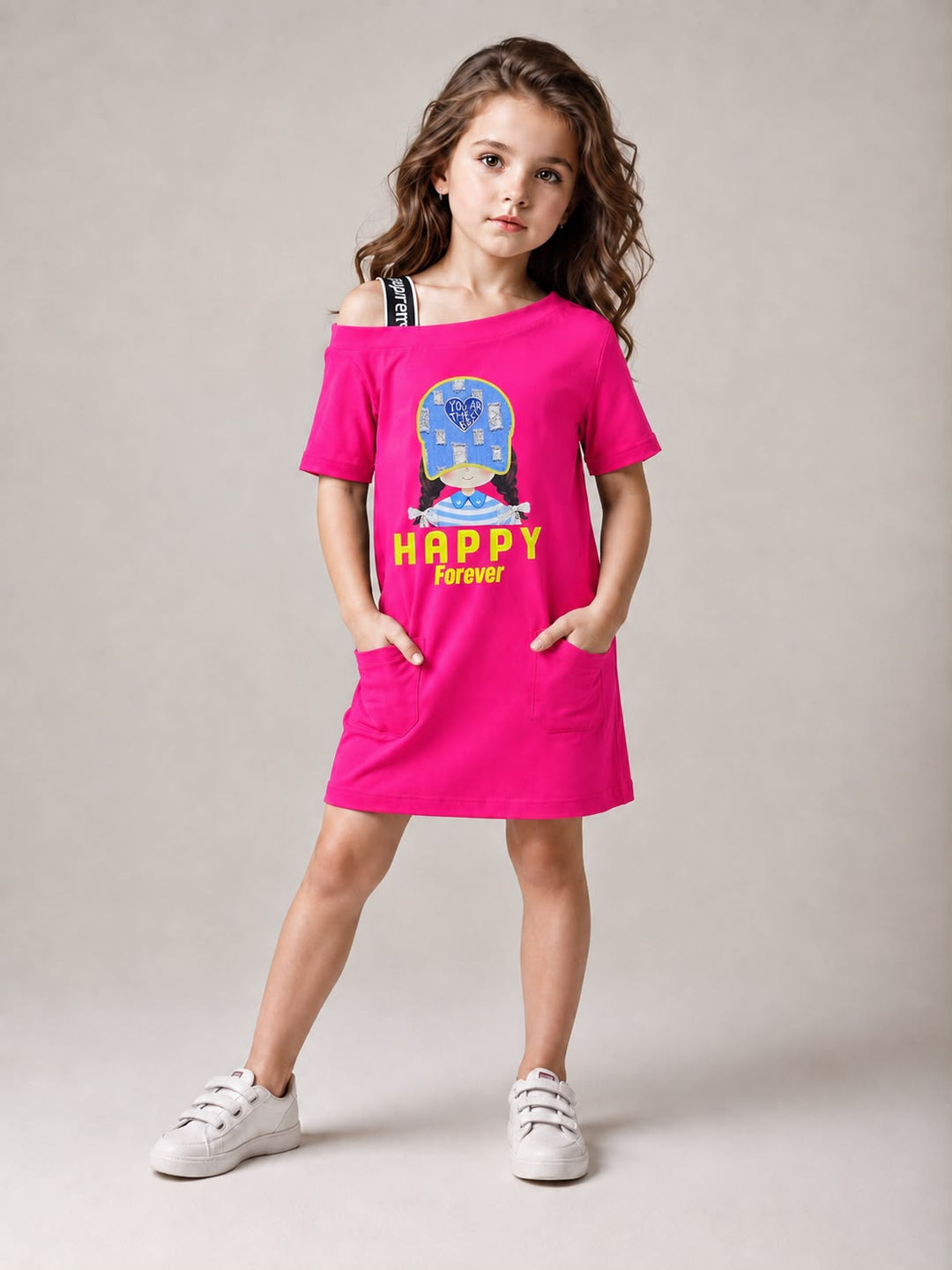 Girls Hot Pink Cold Shoulder Dress [GD-6B-2344] (3-8 Years)
