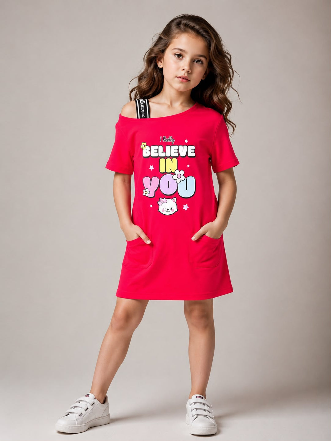 Girls Red Cold Shoulder Dress [GD-1A-1207] (3-8 Years)