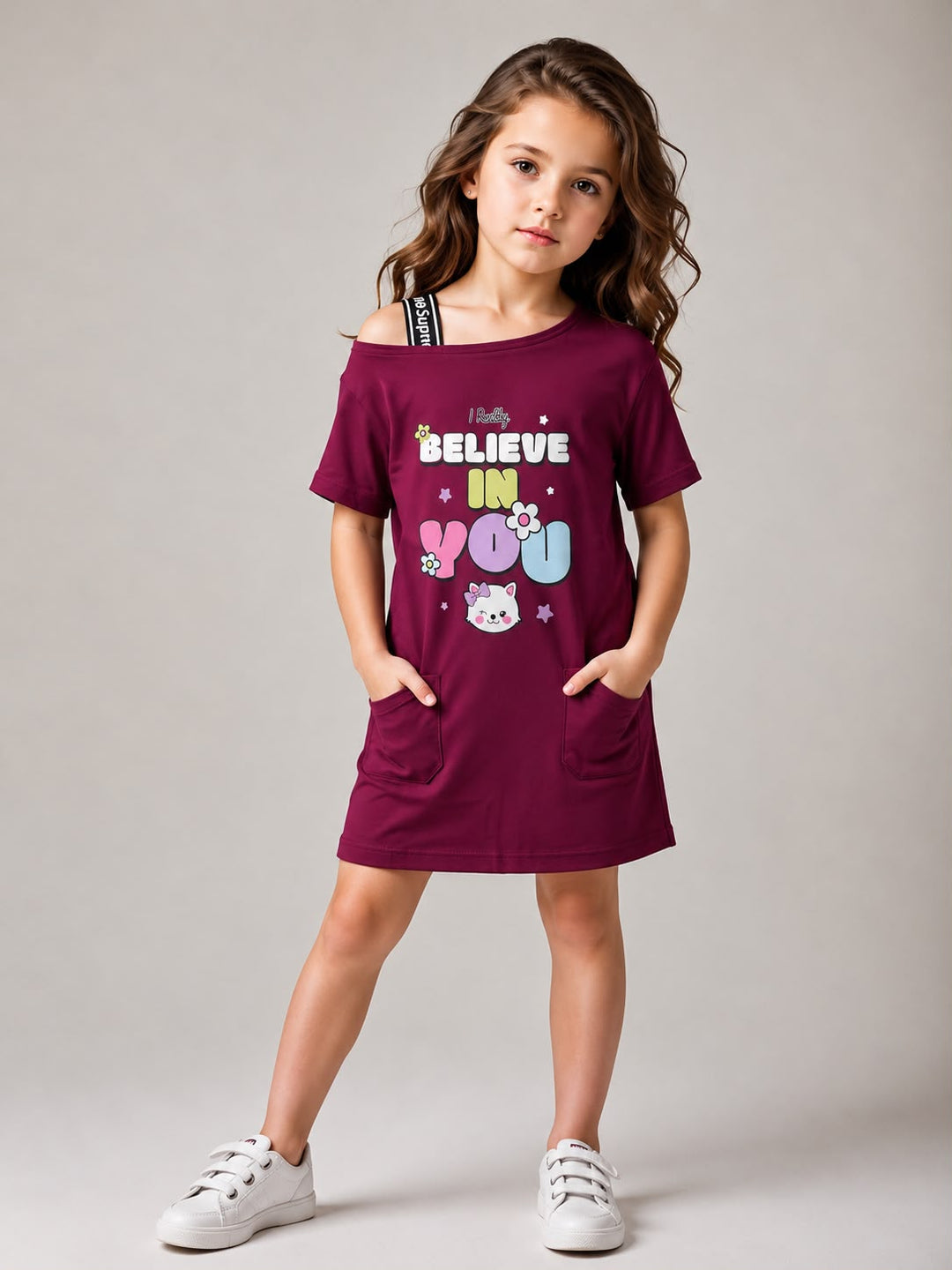 Girls Maroon Cold Shoulder Dress [GD-1A-3780] (3-8 Years)