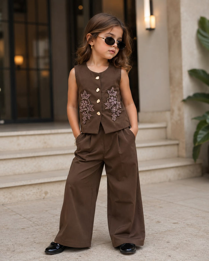 Girls Imported Embroidered Brown Waist Coat Co-Ord Set [GCS-5G-6359] (4-12Years)