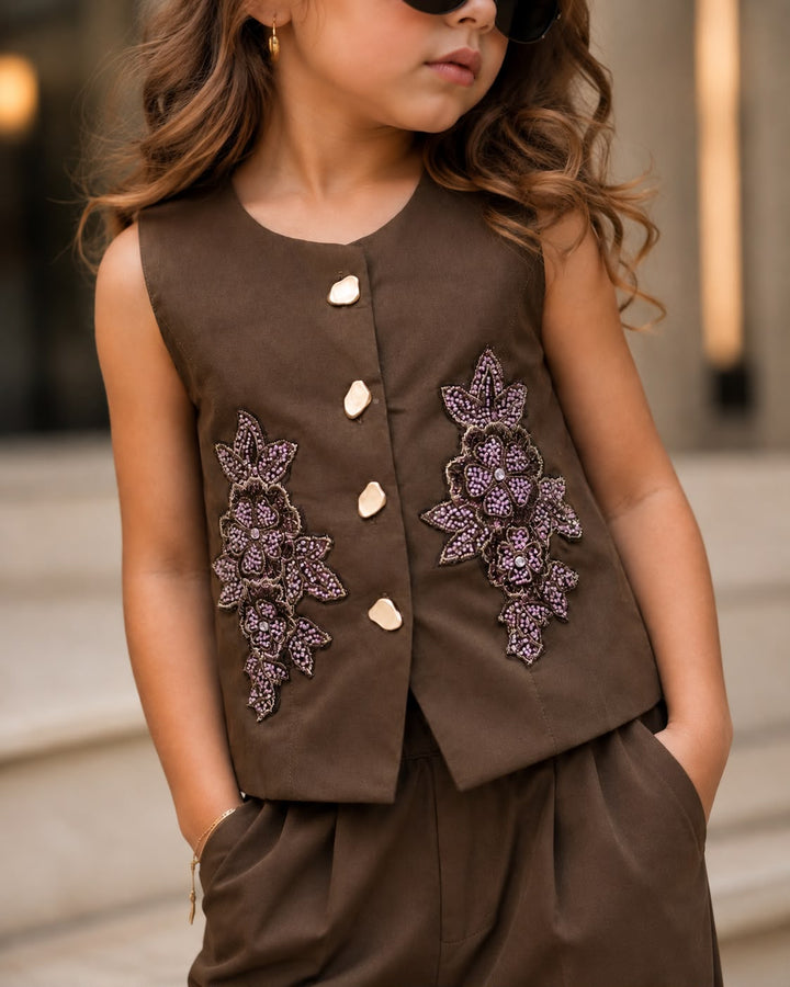 Girls Imported Embroidered Brown Waist Coat Co-Ord Set [GCS-5G-6359] (4-12Years)