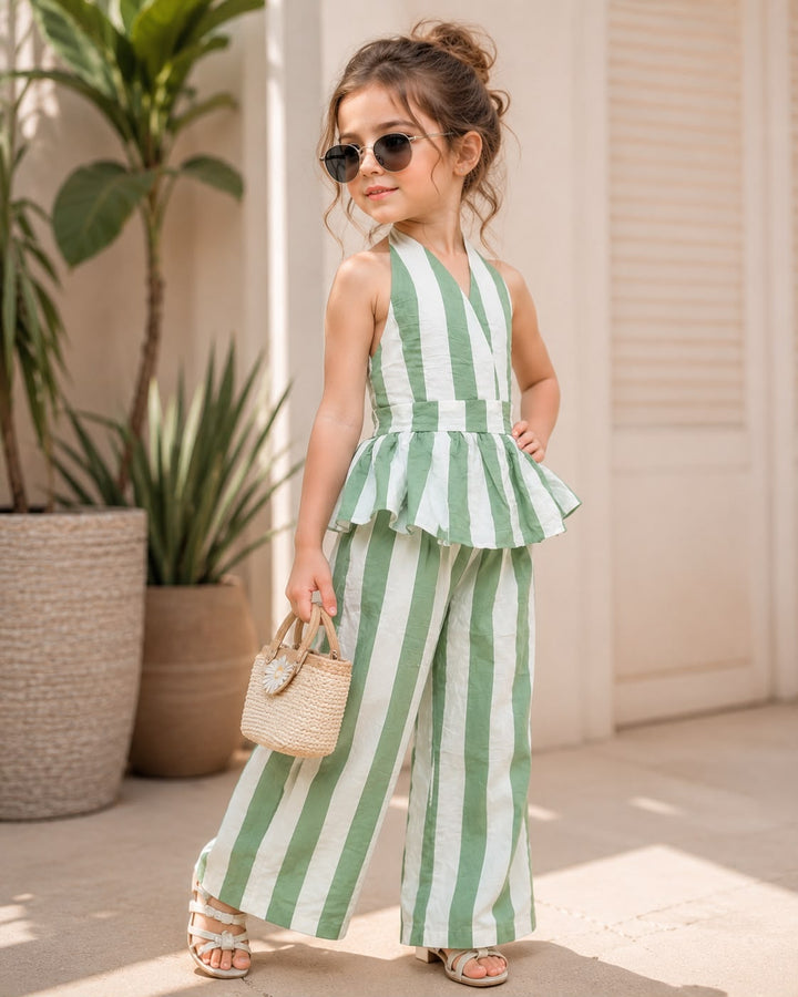 Girls Striped Backless Green Co-Ord Set [GCS-5J-6505] (4-12 Years)