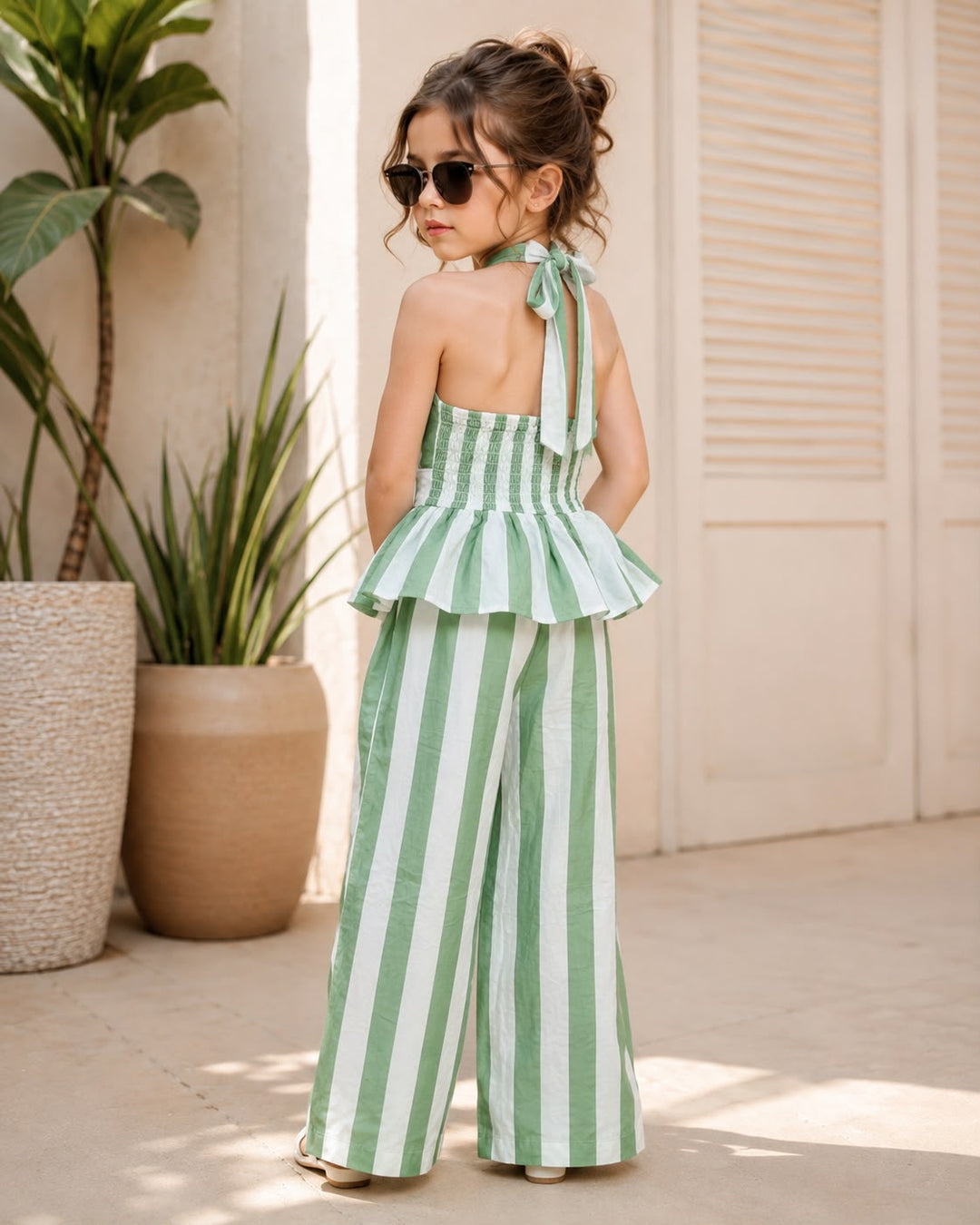 Girls Striped Backless Green Co-Ord Set [GCS-5J-6505] (4-12 Years)