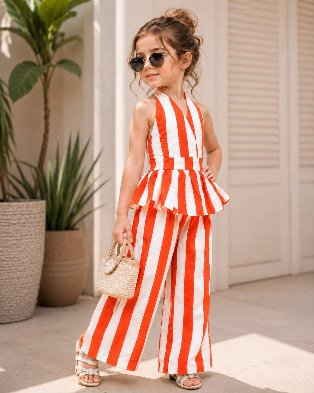 Girls Striped Backless Orange Co-Ord Set [GCS-6J-1564] (4-12 Years)
