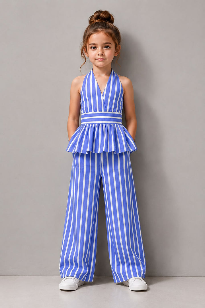 Girls Striped Backless Blue Co-Ord Set [GCS-1C-8568] (4-12 Years)