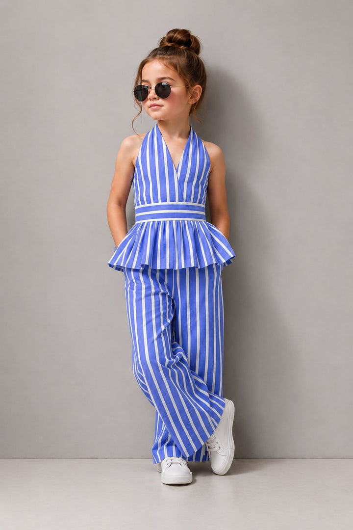 Girls Striped Backless Blue Co-Ord Set [GCS-1C-8568] (4-12 Years)