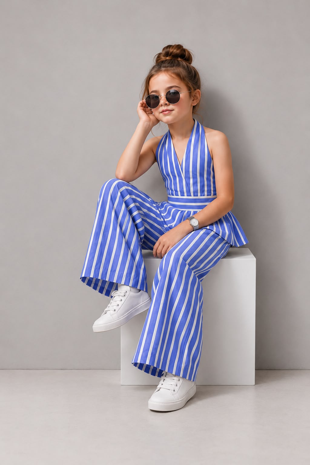 Girls Striped Backless Blue Co-Ord Set [GCS-1C-8568] (4-12 Years)