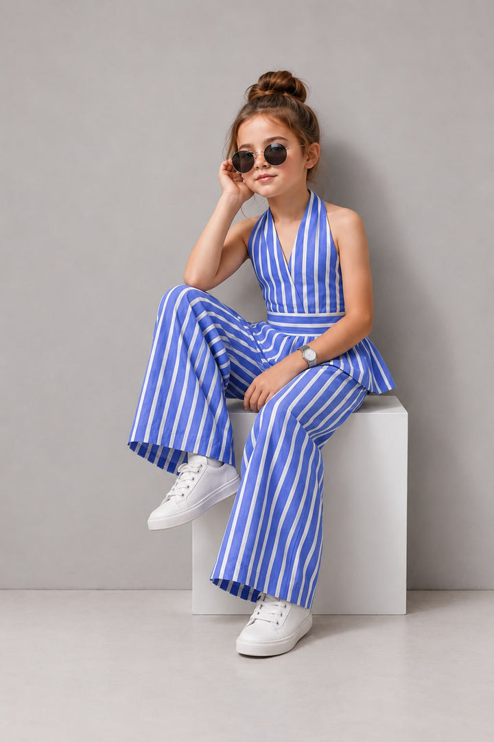 Girls Striped Backless Blue Co-Ord Set [GCS-1C-8568] (4-12 Years)