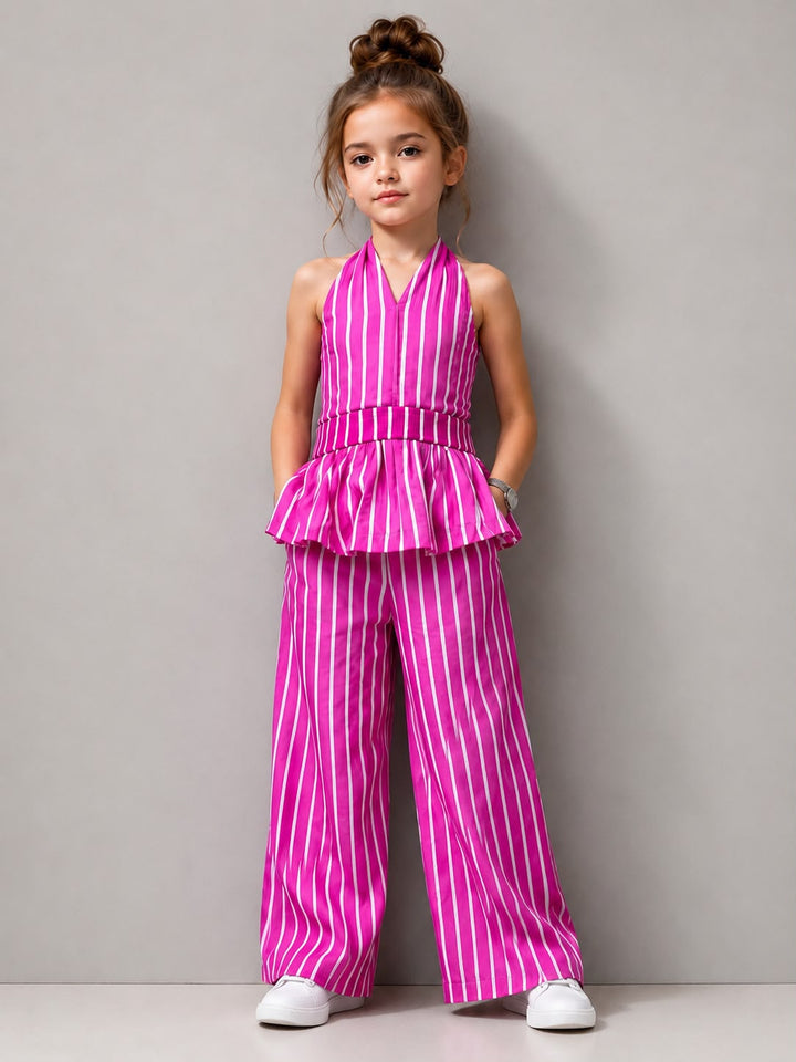 Girls Striped Backless Hot Pink Co-Ord Set [GCS-6C-5827] (4-12 Years)