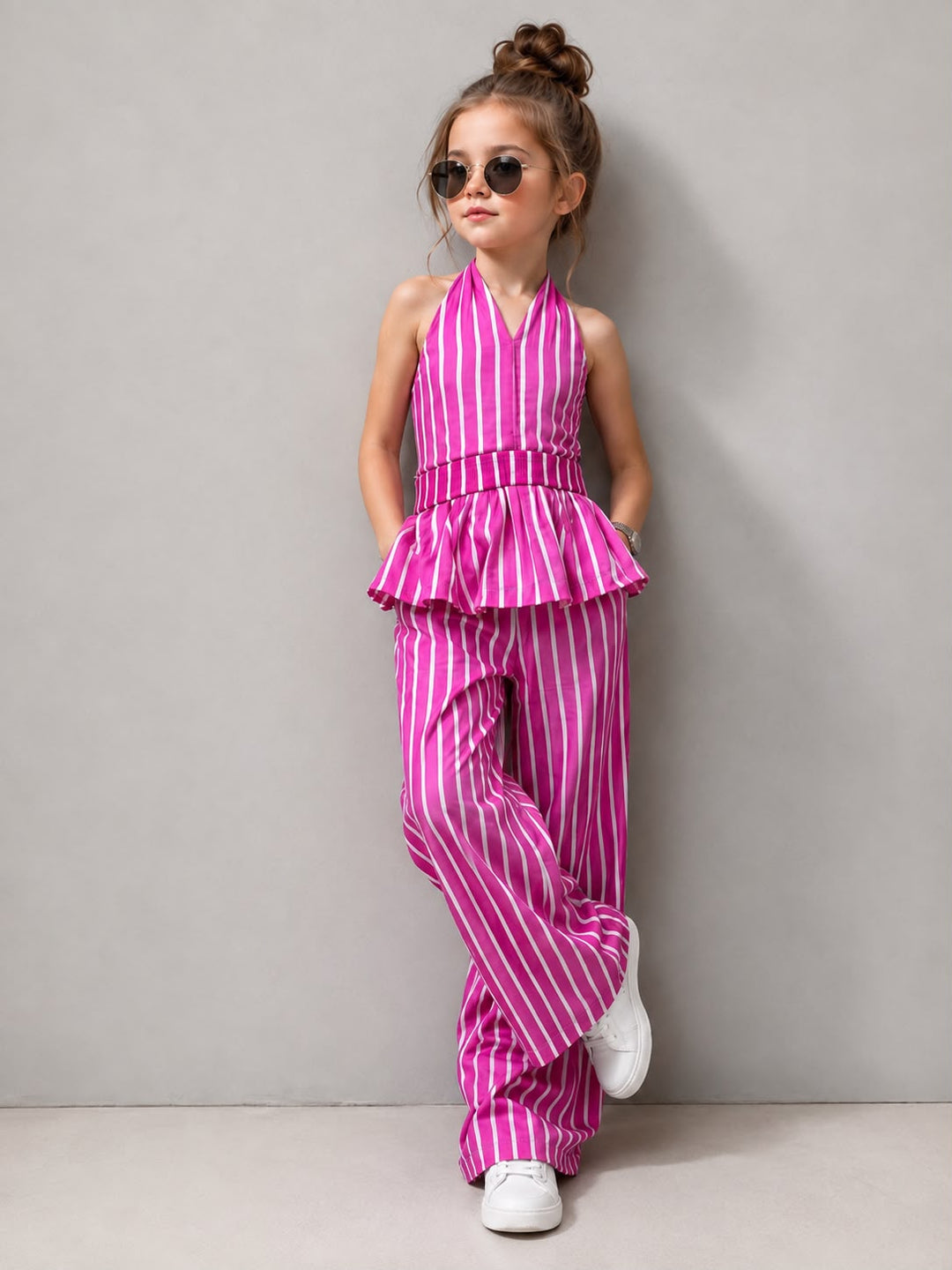 Girls Striped Backless Hot Pink Co-Ord Set [GCS-6C-5827] (4-12 Years)