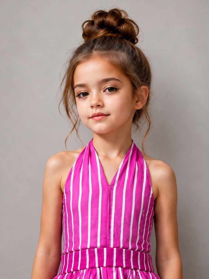 Girls Striped Backless Hot Pink Co-Ord Set [GCS-6C-5827] (4-12 Years)