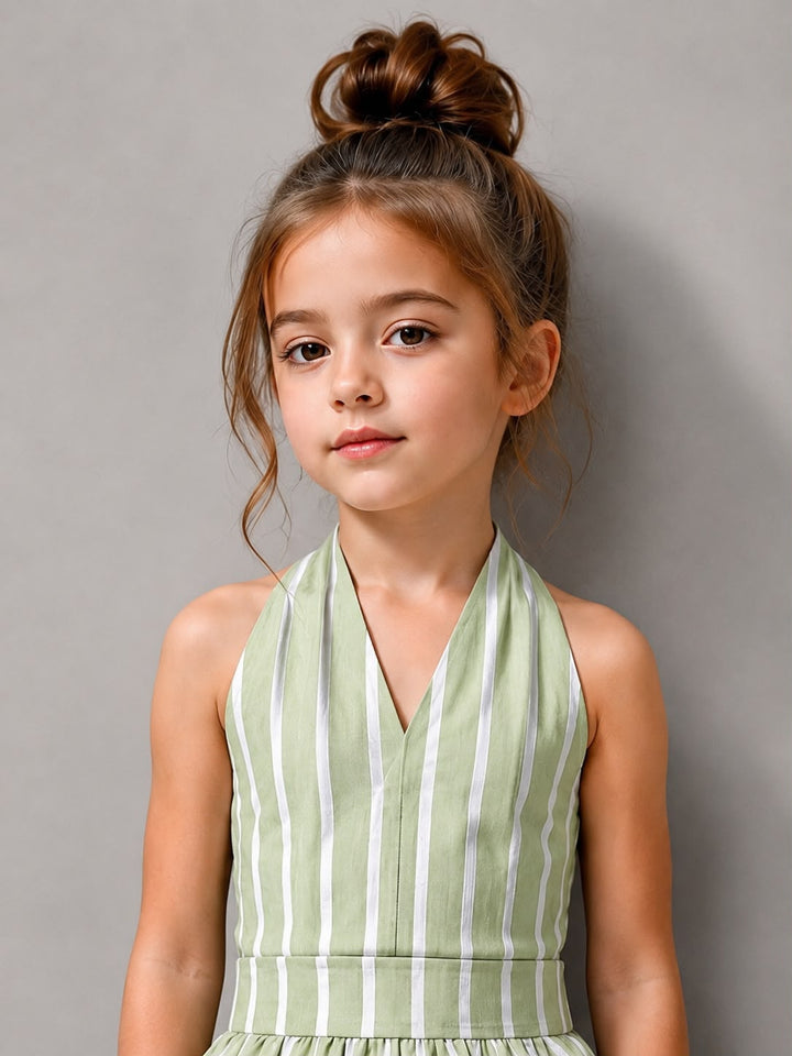 Girls Striped Backless Green Co-Ord Set [GCS-3C-5265] (4-12 Years)
