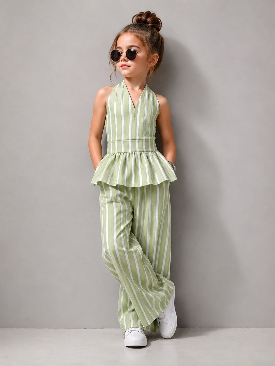 Girls Striped Backless Green Co-Ord Set [GCS-3C-5265] (4-12 Years)