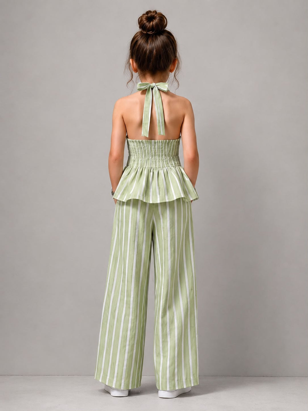 Girls Striped Backless Green Co-Ord Set [GCS-3C-5265] (4-12 Years)