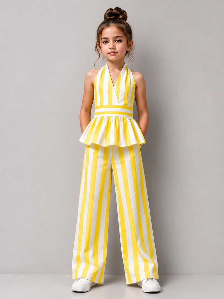 Girls Striped Backless Yellow Co-Ord Set [GCS-1J-8624] (4-12 Years)