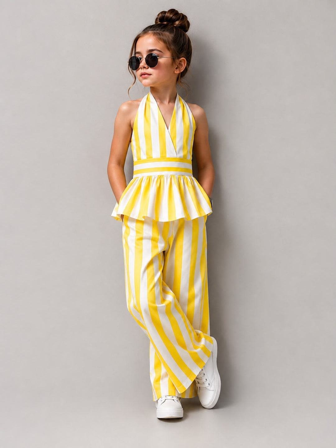 Girls Striped Backless Yellow Co-Ord Set [GCS-1J-8624] (4-12 Years)