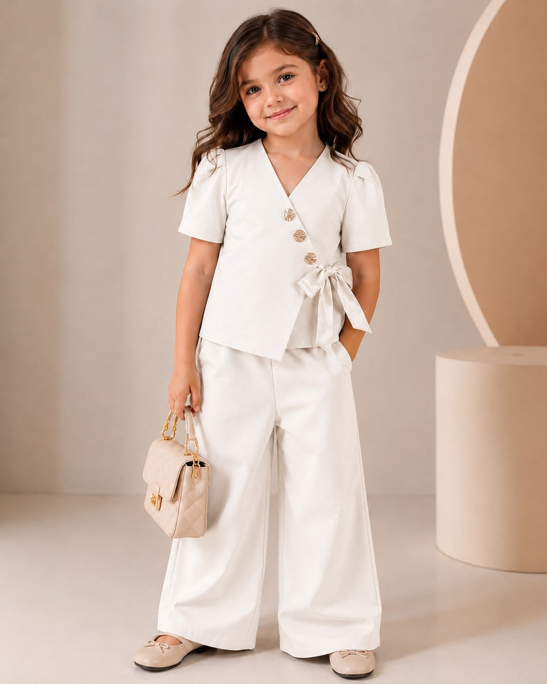 Girls Imported Beige Bow Waist Coat Co-Ord Set [GCS-4C-2952] (4-12Years)