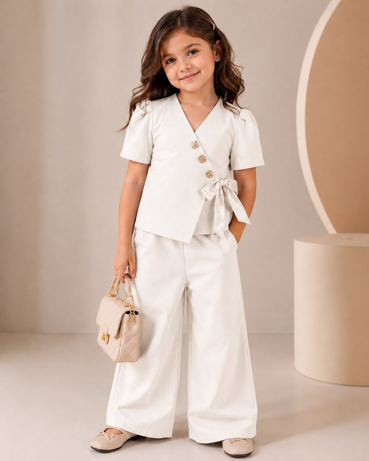 Girls Imported Beige Bow Waist Coat Co-Ord Set [GCS-4C-2952] (4-12Years)