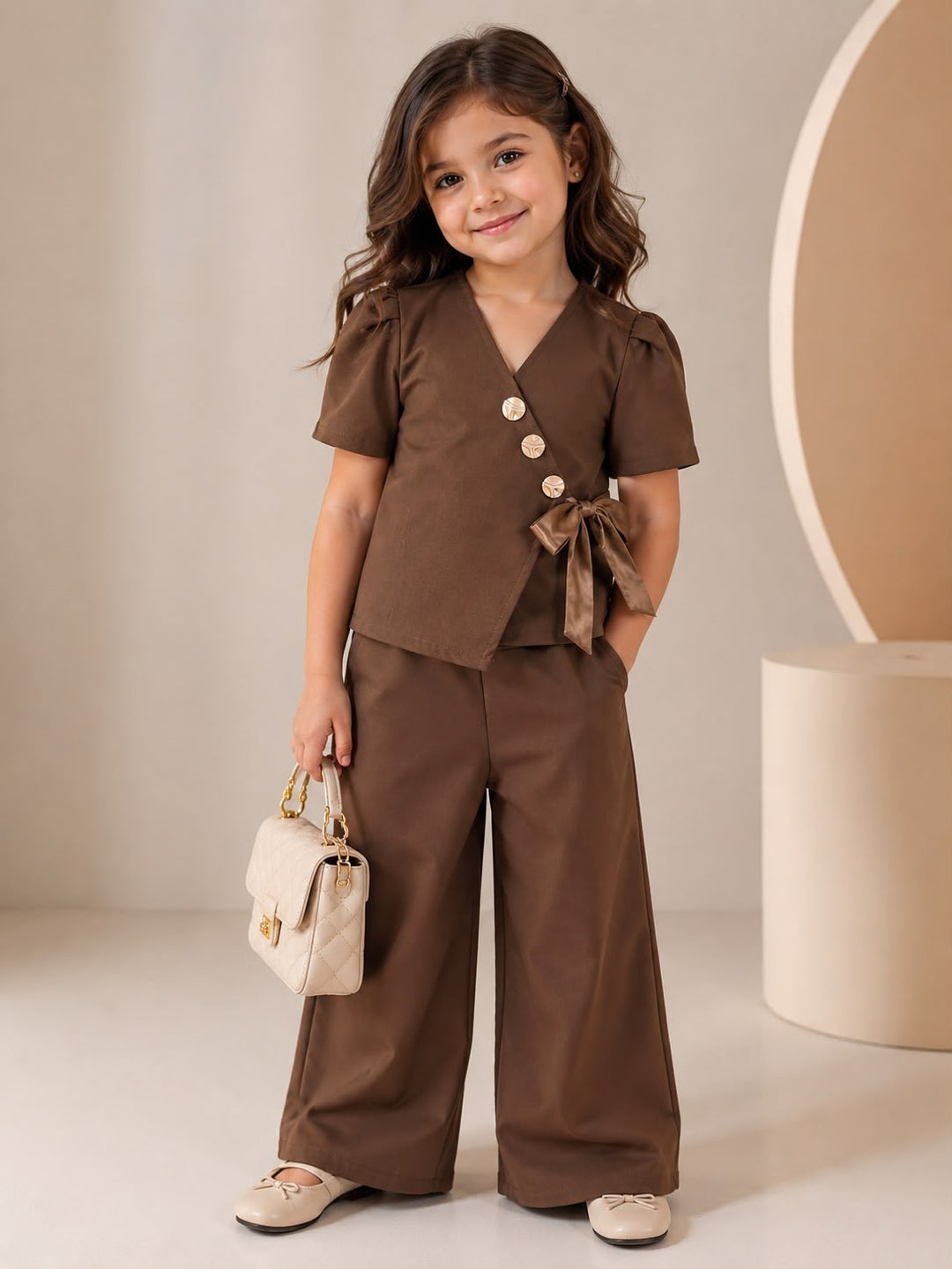 Girls Imported Brown Bow Waist Coat Co-Ord Set [GCS-3C-6548] (4-12Years)