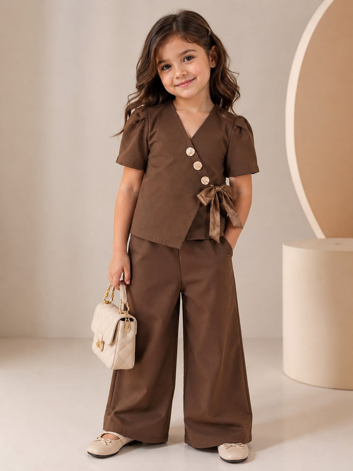 Girls Imported Brown Bow Waist Coat Co-Ord Set [GCS-3C-6548] (4-12Years)