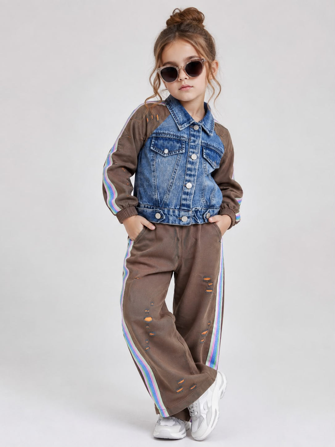 Girl's Brown Street Chic Denim Co-ord Set [GCS-3E-6452] (9M-13 Years)