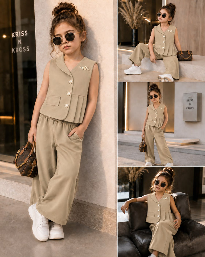 Girls Imported Beige Waist Coat Co-Ord Set [GCS-H4-3848] (4-12Years)