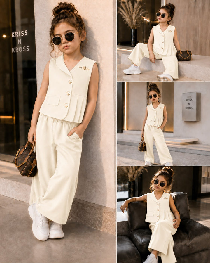 Girls Imported Off White Waist Coat Co-Ord Set [GCS-C3-1113] (4-12Years)