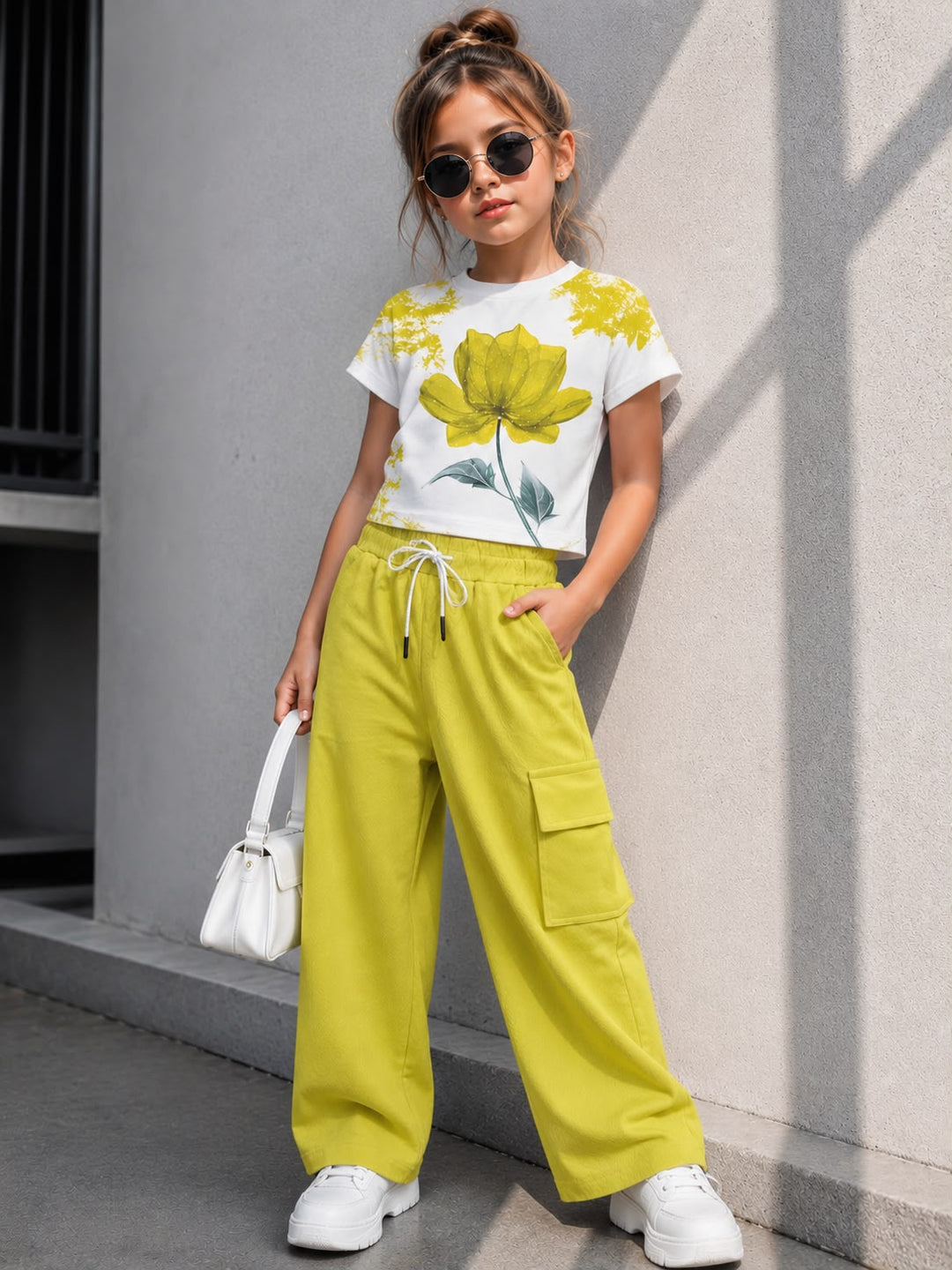Girl's Yellow Flower Printed Co-Ord Set [GCS-4F-4179] (4-12 Years)