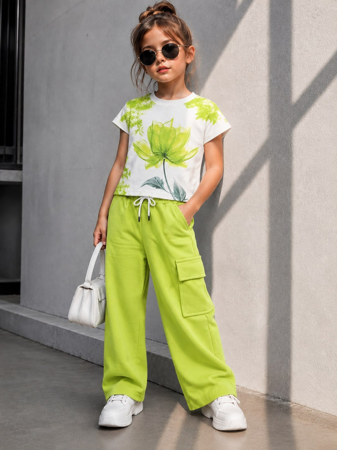 Girl's Neon Green Flower Printed Co-Ord Set [GCS-5G-9821] (4-12 Years)