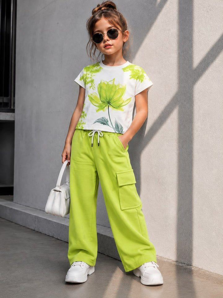 Girl's Neon Green Flower Printed Co-Ord Set [GCS-5G-9821] (4-12 Years)