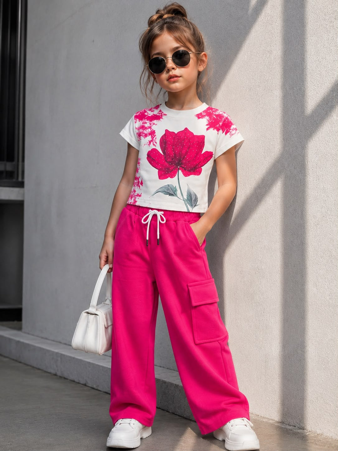 Girl's Hot Pink Flower Printed Co-Ord Set [GCS-4G-6810] (4-12 Years)
