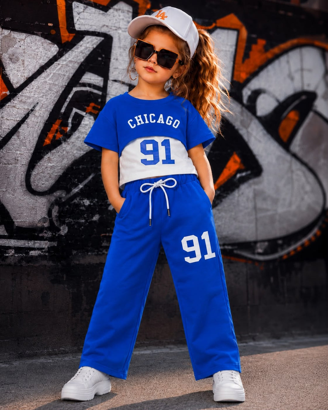 Girls’ Chicago 91 Royal Blue Layered T-Shirt & Straight-Fit Pant Co-ord Set[GCS-3E-5267] (4-12 Years)