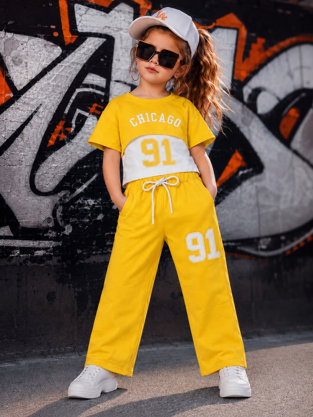Girls’ Chicago 91 Yellow Layered T-Shirt & Straight-Fit Pant Co-ord Set[GCS-6E-7195] (4-12 Years)