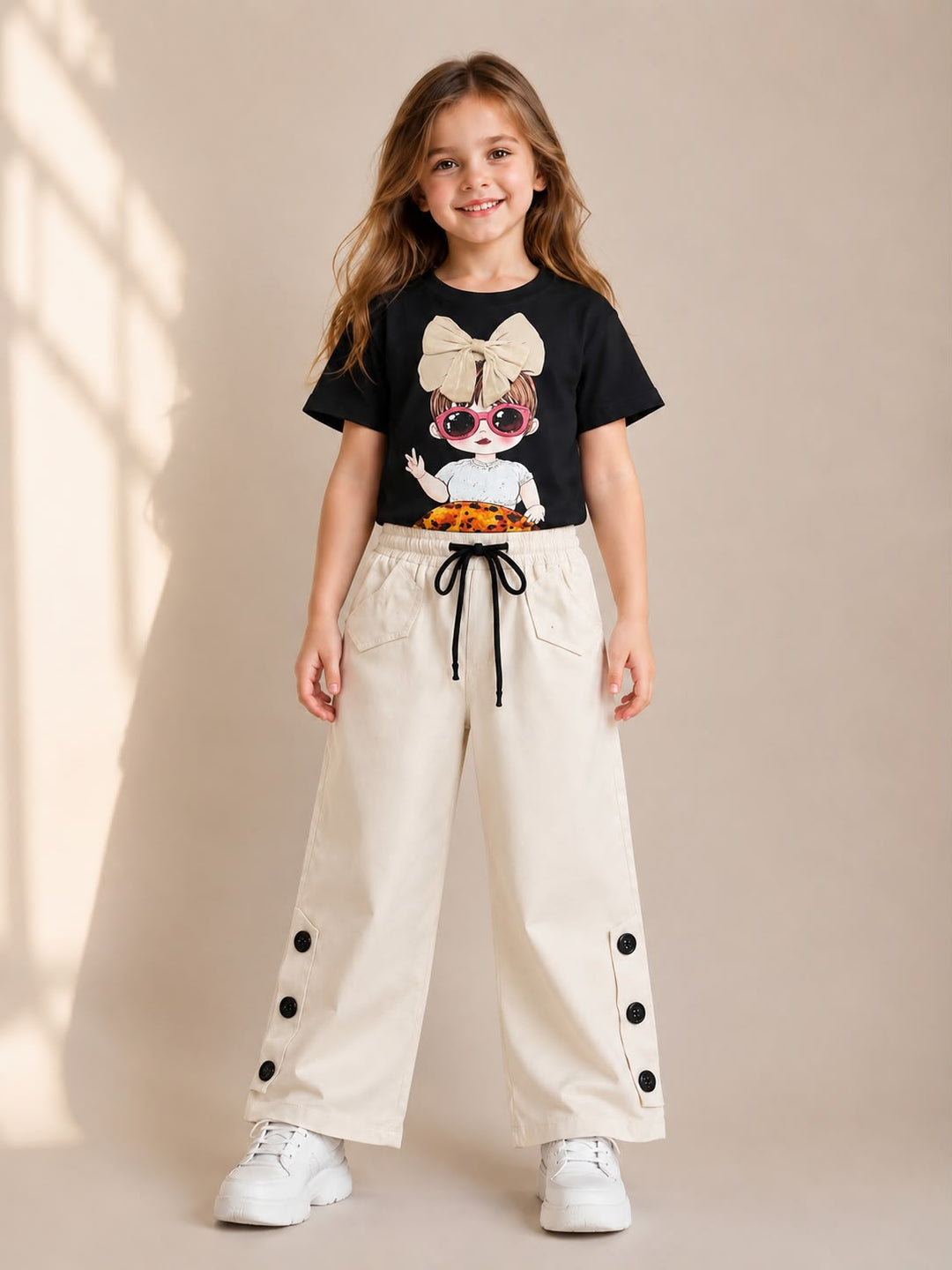 Girls Beige Bow Graphic Co-ord Set [GCS-6E-5982] (3-12Years)