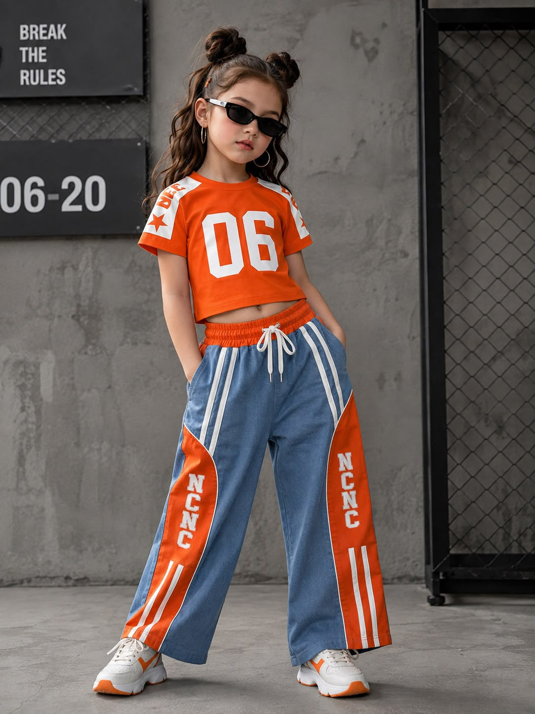 Girl's Orange Co-Ord Set With Soft Denim Bottom [GCS-3F-7456](3-12 Years)