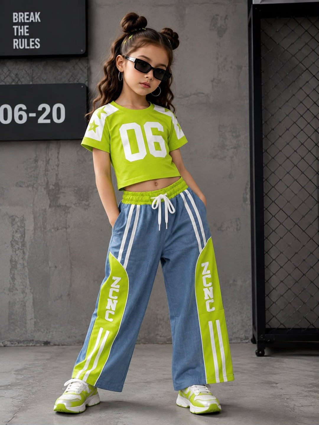 Girl's Neon Green Co-Ord Set With Soft Denim Bottom [GCS-5F-9541](3-12 Years)