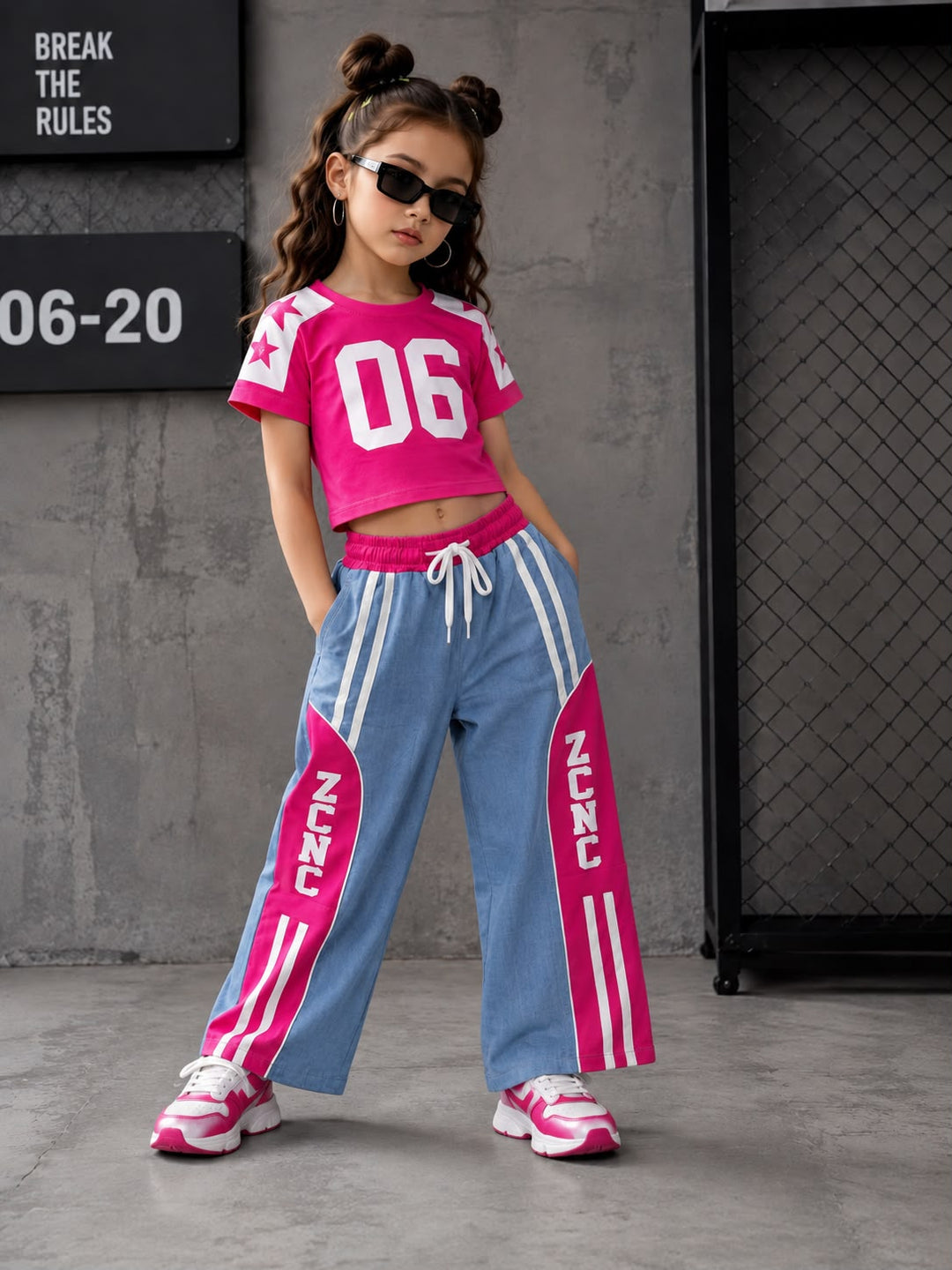Girl's Hot Pink Co-Ord Set With Soft Denim Bottom [GCS-2G-7549](3-12 Years)